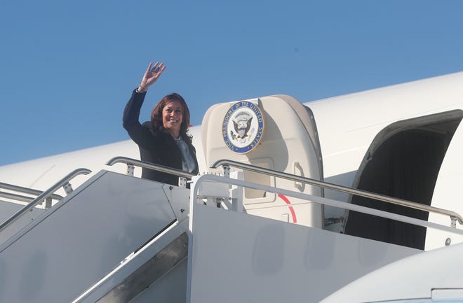 Vice President Kamala Harris waves as she boards Air Force 2 after visiting Savannah, Ga., on Tuesday as part of her nationwide Fight for Reproductive Freedoms tour.